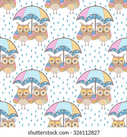 Seamless pattern with owls in love and umbrella on white background
