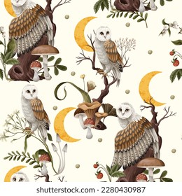 Seamless pattern with owls, moon and mushrooms. Vector