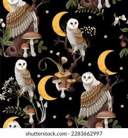 Seamless pattern with owls, moon and mushrooms. Vector