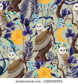 Seamless pattern with owls, moon and plants. Vector