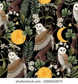 Seamless pattern with owls, moon and plants. Vector