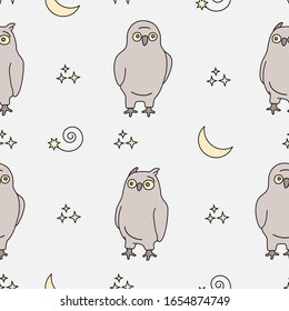 Seamless pattern with owls, moon and stars. Vector illustration. For children fabric, wrapping paper, wallpaper and cloth. Beige owls on a white background with the moon and stars. 