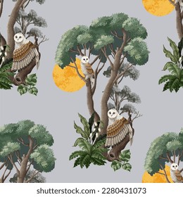 Seamless pattern with owls, moon and trees. Vector