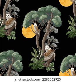 Seamless pattern with owls, moon and trees. Vector
