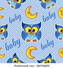 Seamless pattern with owls and moons for baby boy