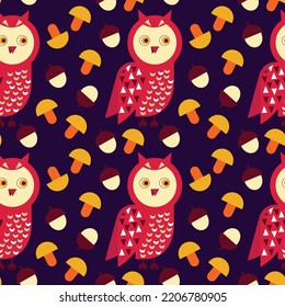 Seamless pattern  with owls, mushrooms and acorns on isolated blue background, vector