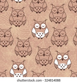 Seamless pattern of owls on beige background