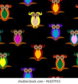 Seamless pattern with owls on black