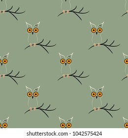 Seamless pattern: owls on a branch. Autumn illustration. Vector design of tile, carpet, tablecloth fabric, cushion, pillow, bags, cover.