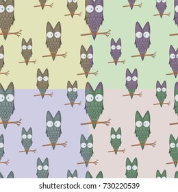 Seamless pattern of owls on a branch for kids stationery designs and clothing. cartoon bird. Obverse the paper. Background for notebook