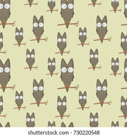 Seamless pattern of owls on a branch for kids stationery designs and clothing. cartoon bird. Obverse the paper. Background for notebook