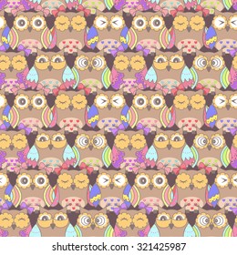 Seamless pattern of owls on a dark background
