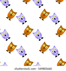 Seamless pattern of owls in random order, brown and gray (violet)