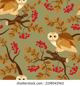 seamless pattern with owls and rowan branches