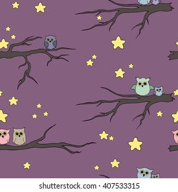 Seamless pattern with owls sitting on a branch, vector illustration