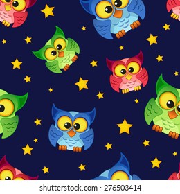 Seamless pattern with owls and stars