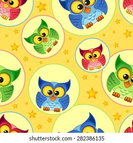 Seamless pattern with owls and stars