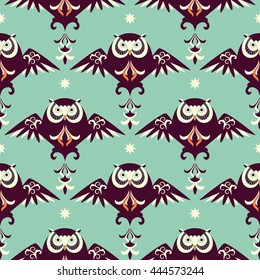 Seamless pattern with owls and stars