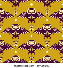 Seamless pattern with owls and stars