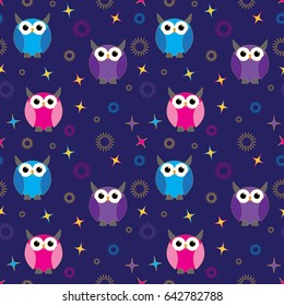 Seamless pattern with owls and stars