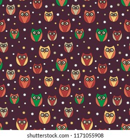 Seamless pattern with owls and stars. Children's texture.
