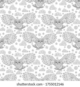 Seamless pattern with owls, stars and clouds, dark outlines on a white background