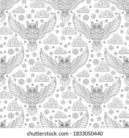 Seamless pattern with owls, stars and clouds, contour birds on a white background