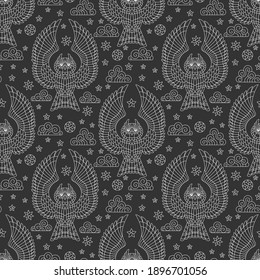 Seamless pattern with owls, stars and clouds, light outline birds on a dark background