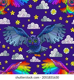 Seamless pattern with owls, stars and clouds on a dark purple background