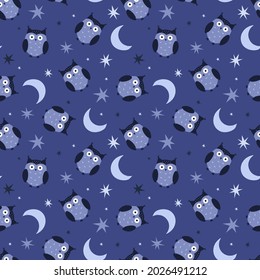 Seamless pattern with owls, stars and the moon. Cute seamless background for baby textiles, fabrics.
