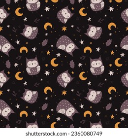 Seamless pattern with owls, stars and the moon. Cute seamless background for baby textiles, fabrics.