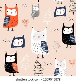 Seamless pattern with owls and trees. Creative woodland childish texture. Great for fabric, textile Vector Illustration