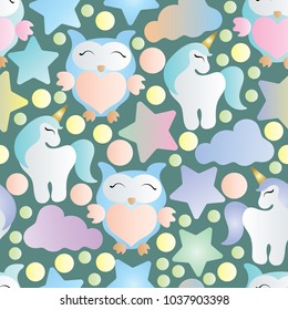 seamless pattern with owls, unicorn and stars