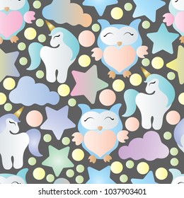 seamless pattern with owls, unicorn and stars
