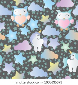 seamless pattern with owls, unicorn and stars