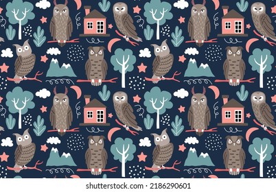 Seamless pattern with owls. vector illustration