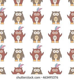 Seamless pattern with owls. Vector illustration in a flat style. Sad and happy owl. Packing for birthday gift card, banner.