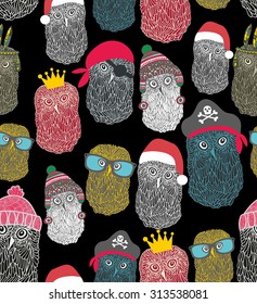 Seamless pattern with owls. Vector repeated background with cute birds in costumes.