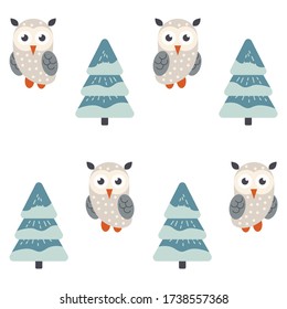 Seamless pattern with owls at winter, christmas set pattern.Hand drawn illustration great for wallpaper, textile and texture design. Kids design, fabric, wrapping, apparel.