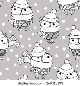 Seamless pattern owls in winter scarves and hats. Graphic vector illustration.