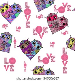 Seamless pattern with owls and the word love. Hand-drawn festive background in doodle art style. For Valentine's Day, weddings, for textile, cover, wallpaper, gift packaging, printing, scrapbooking.