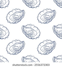 Seamless pattern, oyster, linear pattern, blue on white background. Packaging, wrapping, background.