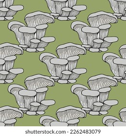 Seamless pattern with oyster mushrooms on a green background. Vector image.
