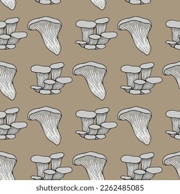 Seamless pattern with oyster mushrooms on a beige background. Vector image.
