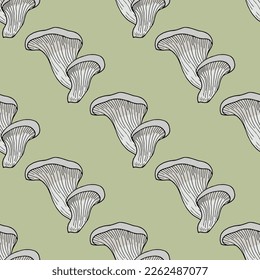 Seamless pattern with oyster mushrooms on light green background. Vector image.