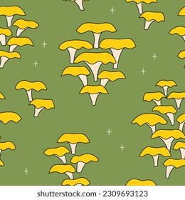 Seamless pattern with oyster mushrooms. Retro groovy vector background