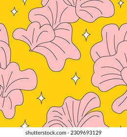 Seamless pattern with oyster mushrooms. Retro 1970 style groovy psychedelic vector background 