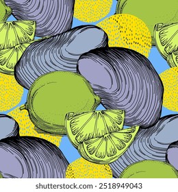 Padrão sem costura com ostras e frutos do mar limão. Fundo desenhado à mão estilo de esboço de cor. Ilustração detalhada, desenhada à mão. Ótimo para tecido e têxtil, estampas, convite, embalagem.