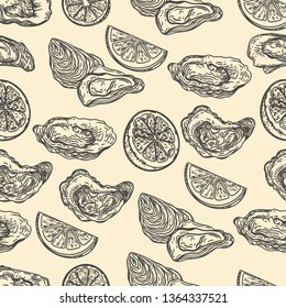 Seamless pattern of oysters and lemons in the engraving style.