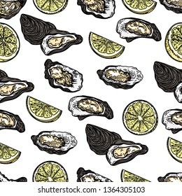Seamless pattern of oysters and lemons on white background.